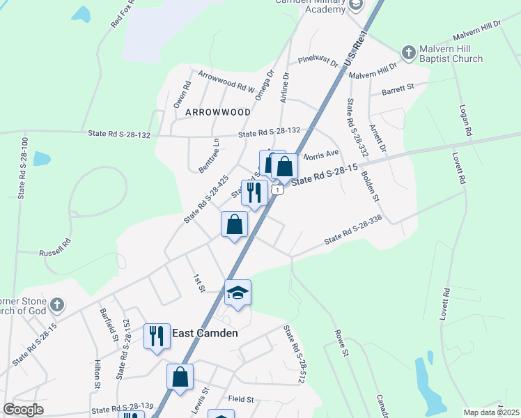 map of restaurants, bars, coffee shops, grocery stores, and more near 1915 Jefferson Davis Highway in Camden