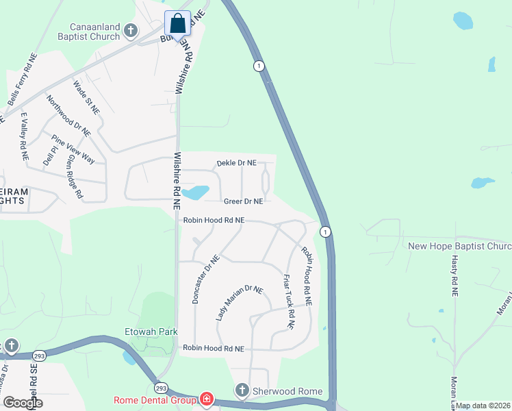 map of restaurants, bars, coffee shops, grocery stores, and more near 26 Greer Drive Northeast in Rome