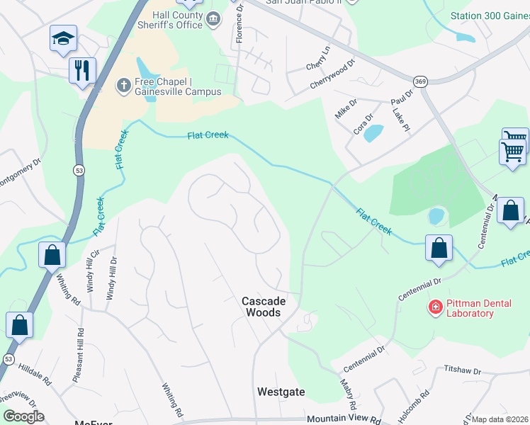 map of restaurants, bars, coffee shops, grocery stores, and more near 2971 Willow Ridge Circle Southwest in Gainesville