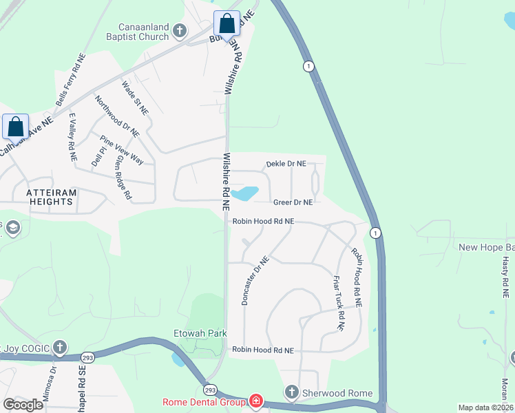 map of restaurants, bars, coffee shops, grocery stores, and more near 6 Greer Drive Northeast in Rome