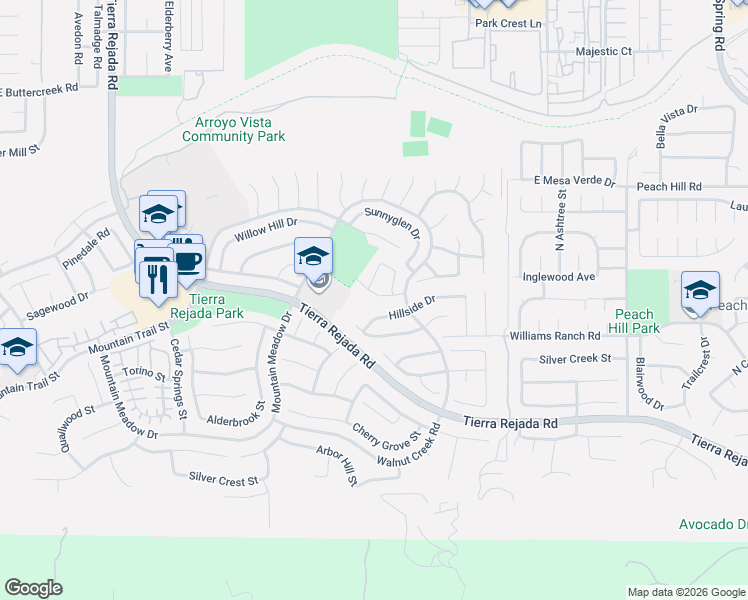 map of restaurants, bars, coffee shops, grocery stores, and more near 12420 Alderglen Street in Moorpark