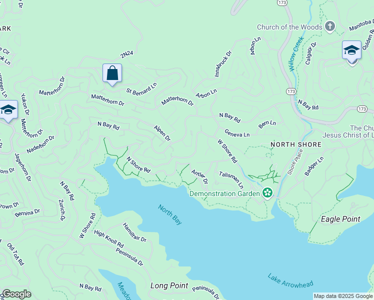 map of restaurants, bars, coffee shops, grocery stores, and more near 987 Lemont Way in Lake Arrowhead