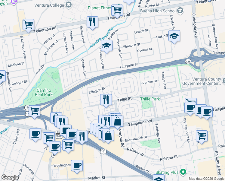 map of restaurants, bars, coffee shops, grocery stores, and more near 4999 Dekoven Street in Ventura