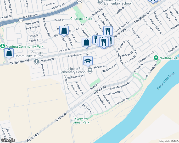 map of restaurants, bars, coffee shops, grocery stores, and more near 8880 Halifax Street in Ventura