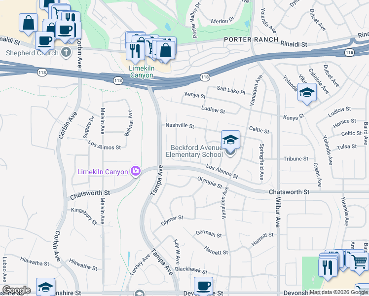 map of restaurants, bars, coffee shops, grocery stores, and more near 10839 Bismarck Avenue in Los Angeles