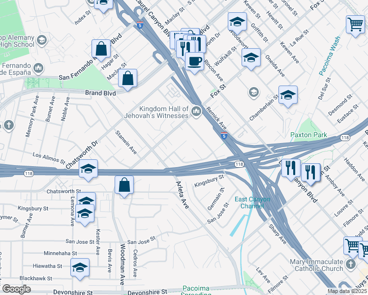 map of restaurants, bars, coffee shops, grocery stores, and more near 14515 Daubert Street in Los Angeles