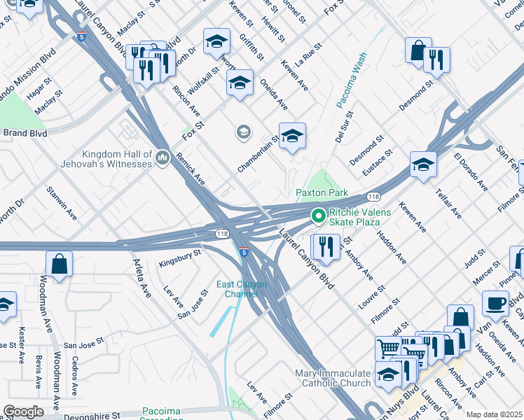 map of restaurants, bars, coffee shops, grocery stores, and more near 10864 Laurel Canyon Boulevard in San Fernando