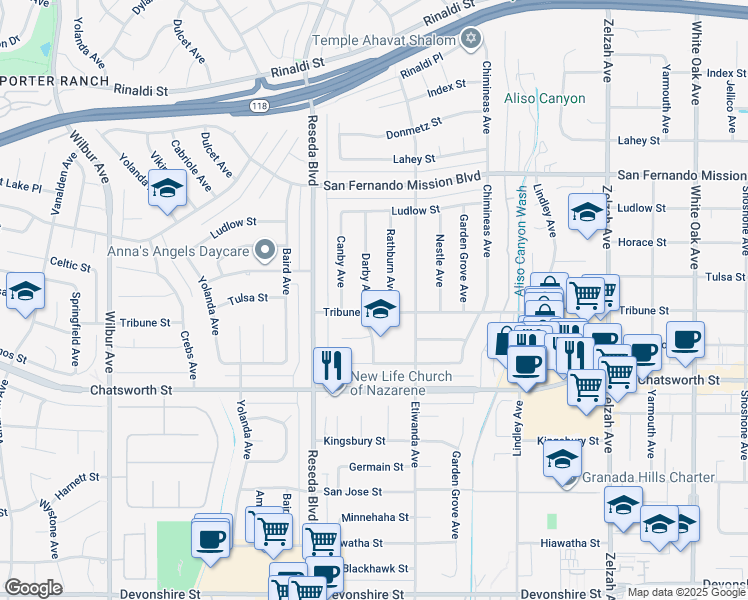 map of restaurants, bars, coffee shops, grocery stores, and more near 10837 Rathburn Avenue in Los Angeles
