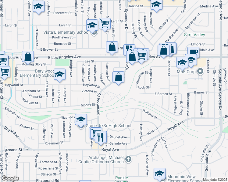 map of restaurants, bars, coffee shops, grocery stores, and more near 2646 Prather Street in Simi Valley