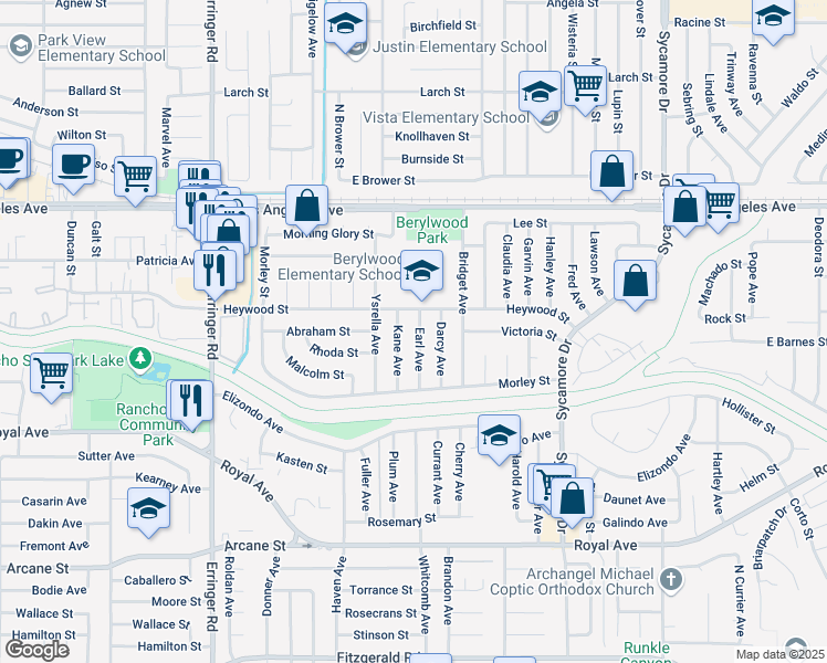 map of restaurants, bars, coffee shops, grocery stores, and more near 1593 Earl Avenue in Simi Valley