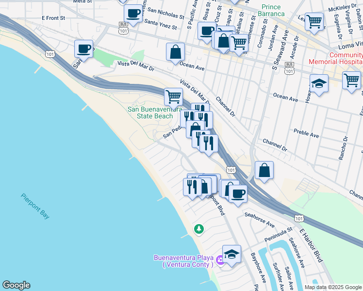 map of restaurants, bars, coffee shops, grocery stores, and more near 2107 Pierpont Boulevard in Ventura