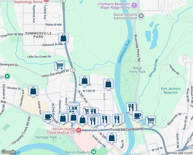 map of restaurants, bars, coffee shops, grocery stores, and more near 205 Oostanaula Drive in Rome