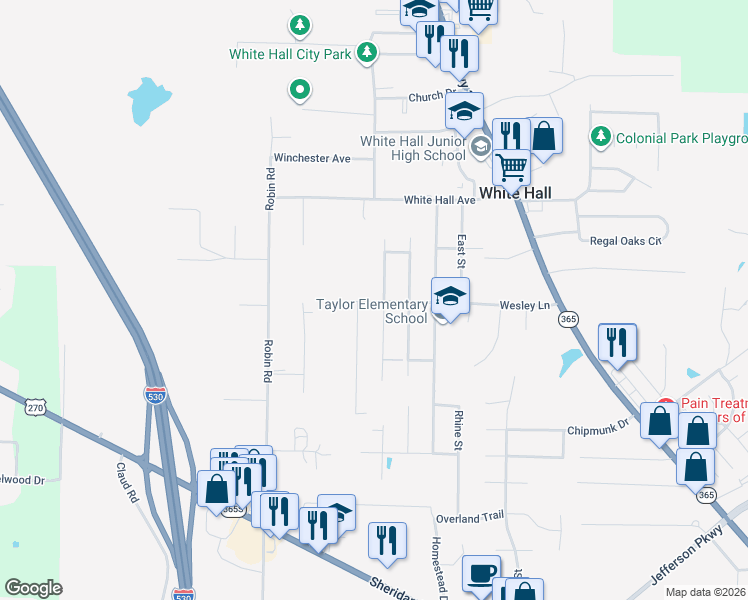 map of restaurants, bars, coffee shops, grocery stores, and more near 800 Meredith Street in White Hall