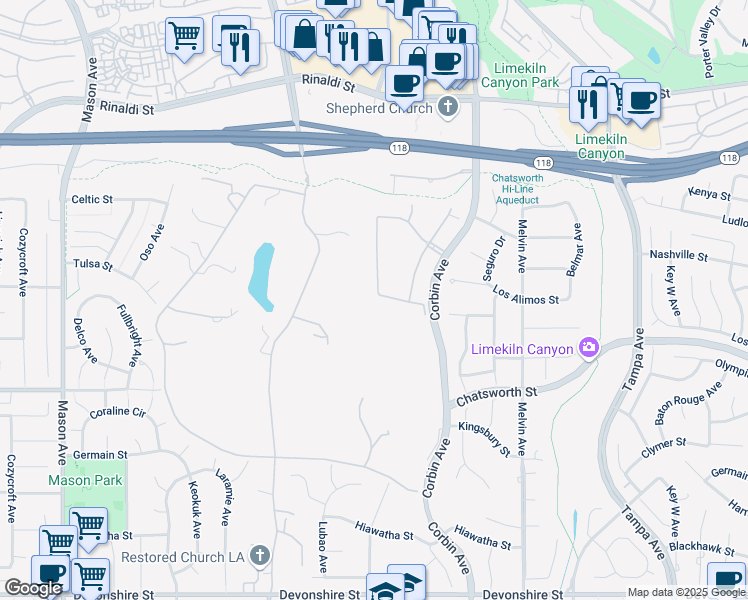 map of restaurants, bars, coffee shops, grocery stores, and more near 19864 Longhorn Drive in Los Angeles