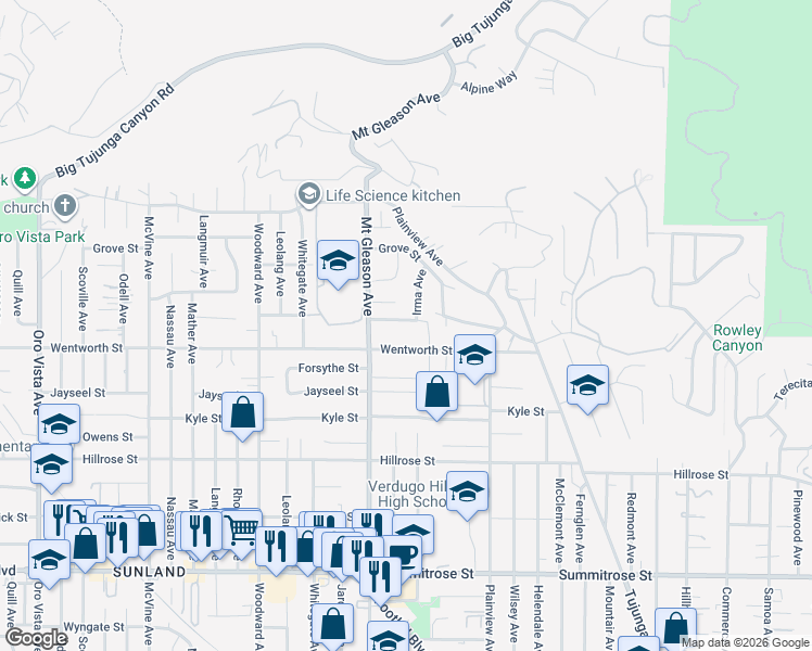 map of restaurants, bars, coffee shops, grocery stores, and more near 7726 Le Berthon Street in Los Angeles