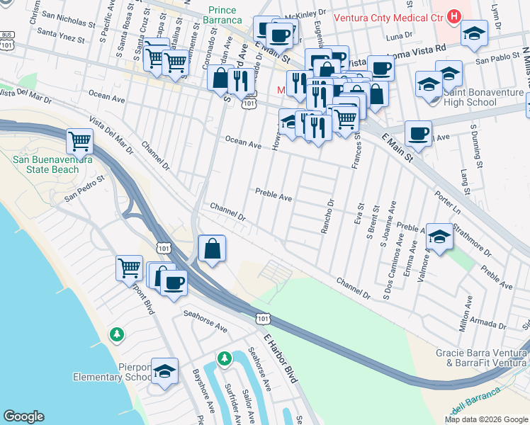 map of restaurants, bars, coffee shops, grocery stores, and more near 560 Jones Street in Ventura