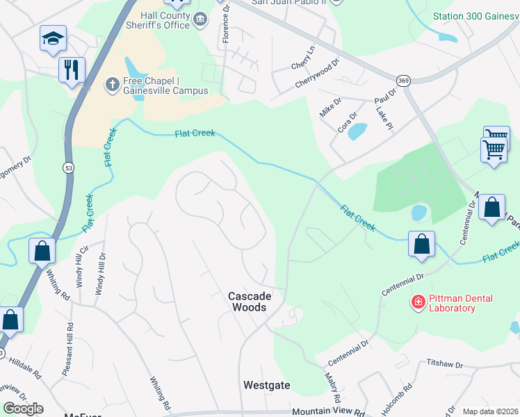 map of restaurants, bars, coffee shops, grocery stores, and more near 2971 Willow Ridge Circle Southwest in Gainesville