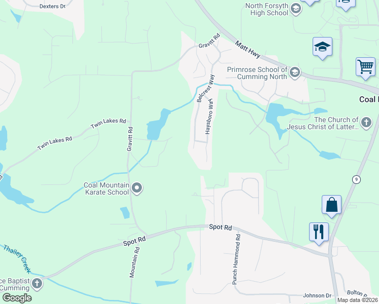 map of restaurants, bars, coffee shops, grocery stores, and more near 4945 Belcrest Way in Cumming