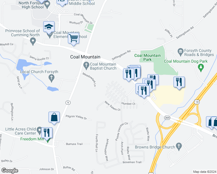 map of restaurants, bars, coffee shops, grocery stores, and more near 3840 Holliwell Pass in Cumming