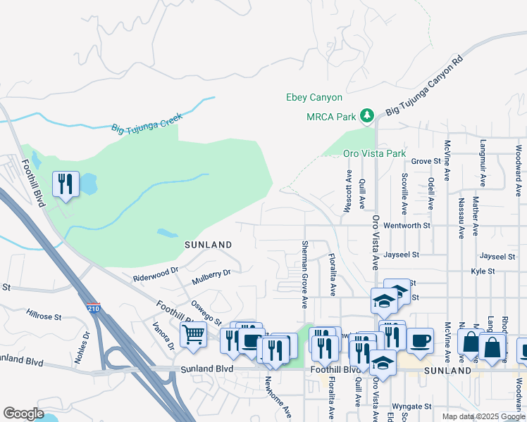 map of restaurants, bars, coffee shops, grocery stores, and more near 8713 Wentworth Street in Los Angeles