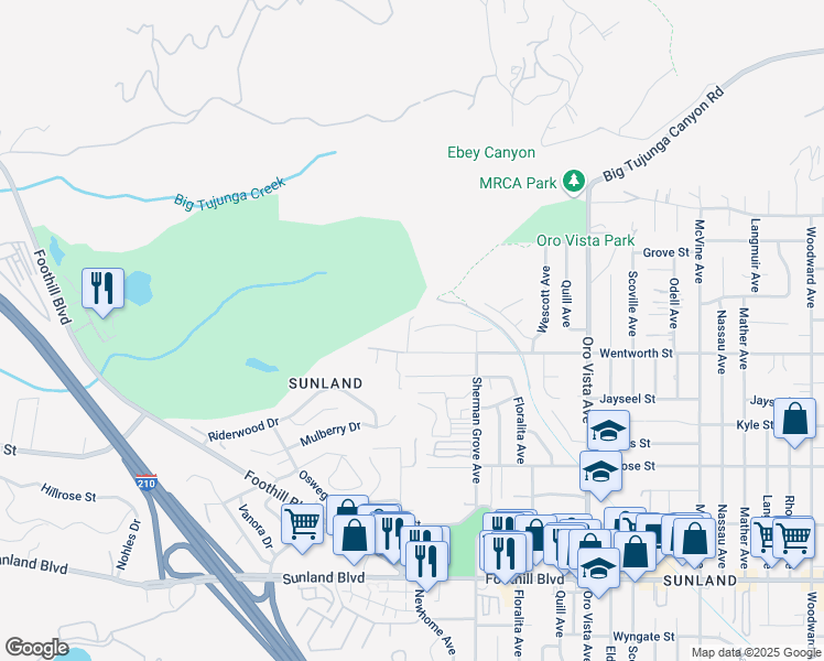 map of restaurants, bars, coffee shops, grocery stores, and more near 8713 Wentworth Street in Los Angeles
