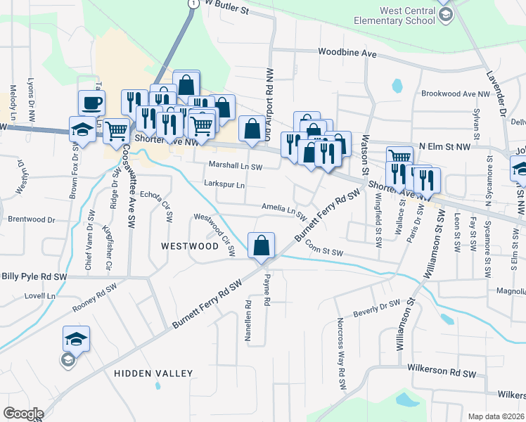 map of restaurants, bars, coffee shops, grocery stores, and more near 13 Castlewood Drive Southwest in Rome