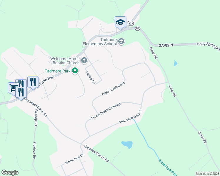 map of restaurants, bars, coffee shops, grocery stores, and more near 3451 Triple Creek Bend in Gainesville
