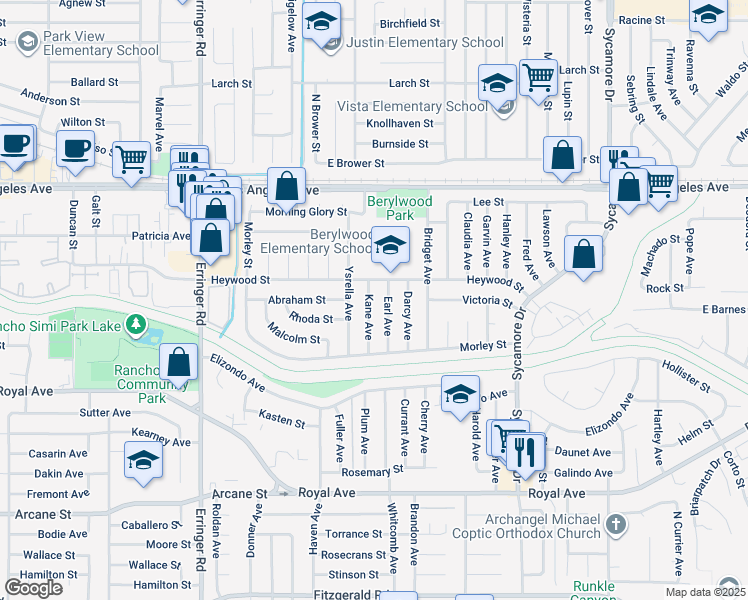 map of restaurants, bars, coffee shops, grocery stores, and more near 1612 Kane Avenue in Simi Valley
