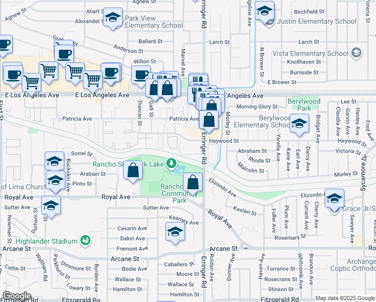 map of restaurants, bars, coffee shops, grocery stores, and more near 1575 Erringer Road in Simi Valley