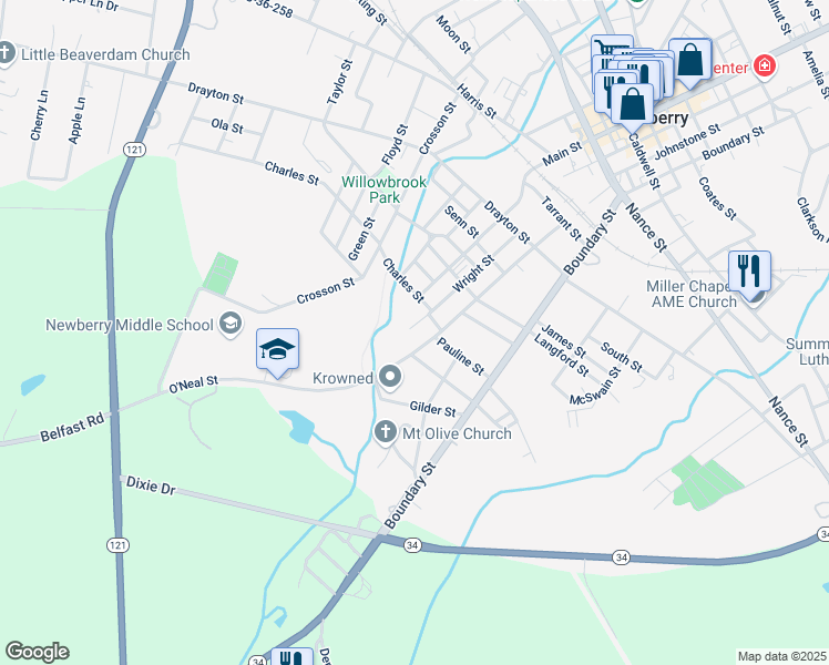 map of restaurants, bars, coffee shops, grocery stores, and more near 402 Wright Street in Newberry