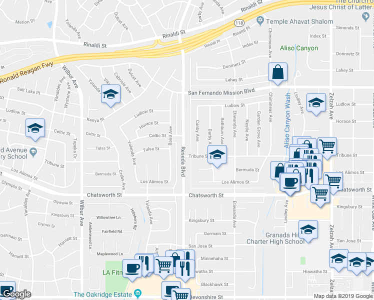 map of restaurants, bars, coffee shops, grocery stores, and more near 10846 Reseda Boulevard in Los Angeles