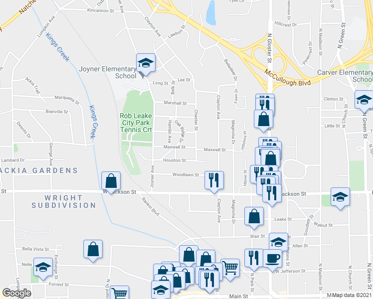 map of restaurants, bars, coffee shops, grocery stores, and more near 1207 Maxwell Street in Tupelo