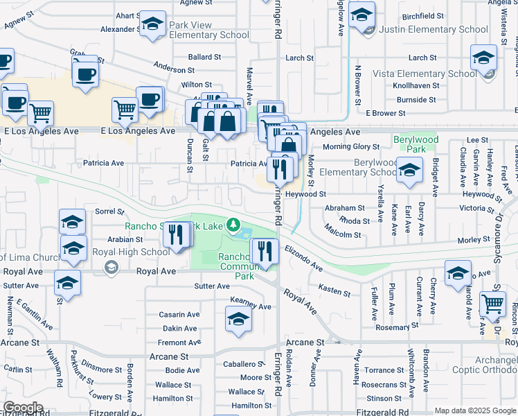 map of restaurants, bars, coffee shops, grocery stores, and more near 1575 Erringer Road in Simi Valley
