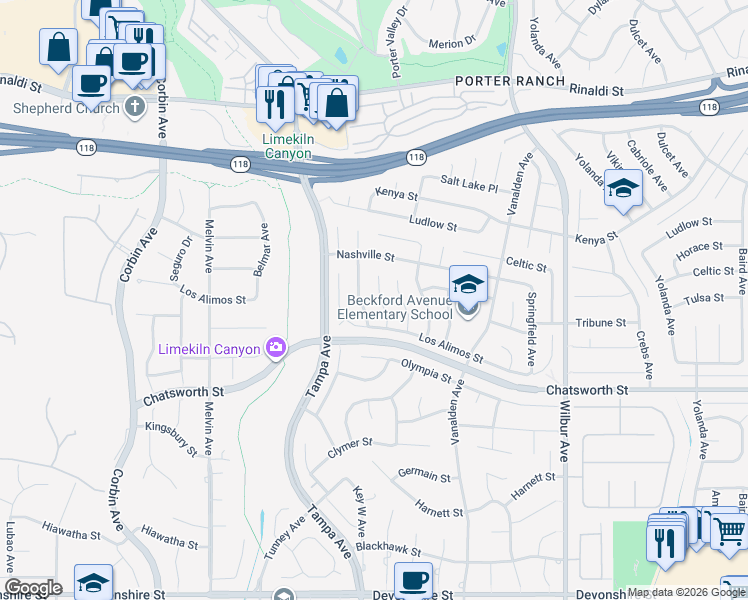 map of restaurants, bars, coffee shops, grocery stores, and more near 10839 Bismarck Avenue in Los Angeles