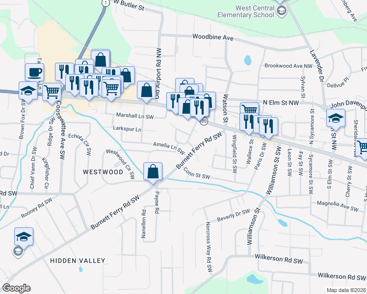 map of restaurants, bars, coffee shops, grocery stores, and more near 17 Westdale Avenue Southwest in Rome