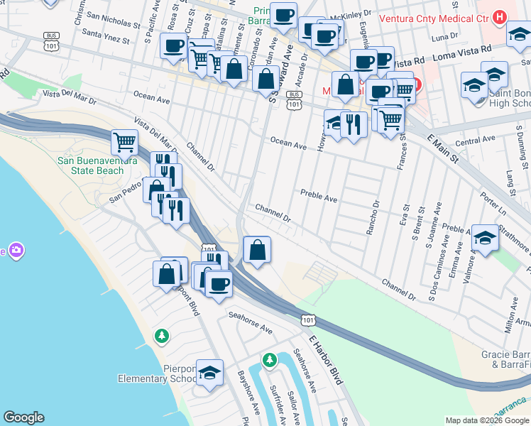 map of restaurants, bars, coffee shops, grocery stores, and more near 2400 Channel Drive in Ventura