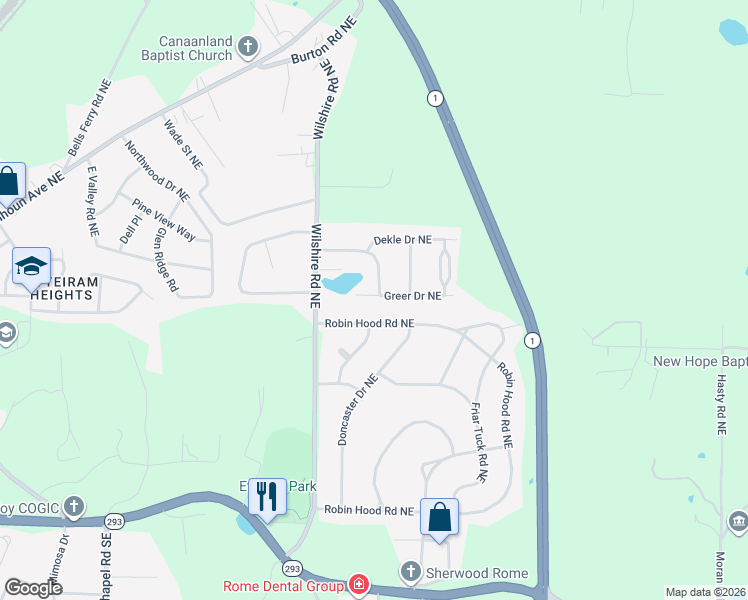 map of restaurants, bars, coffee shops, grocery stores, and more near 6 Greer Drive Northeast in Rome