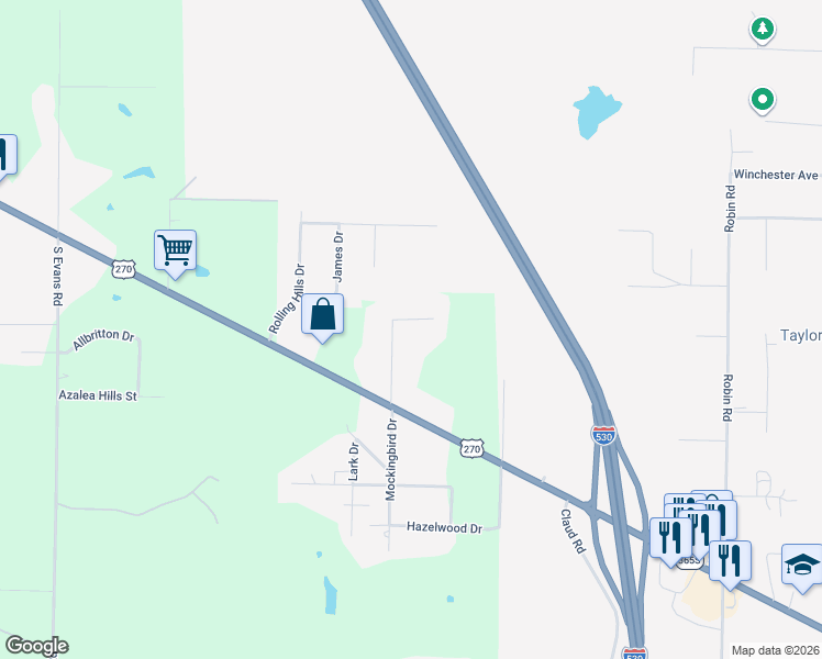 map of restaurants, bars, coffee shops, grocery stores, and more near 301 Clark Road in Pine Bluff