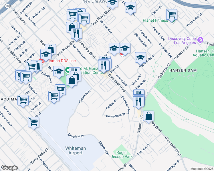 map of restaurants, bars, coffee shops, grocery stores, and more near 10965 Glenoaks Boulevard in Los Angeles