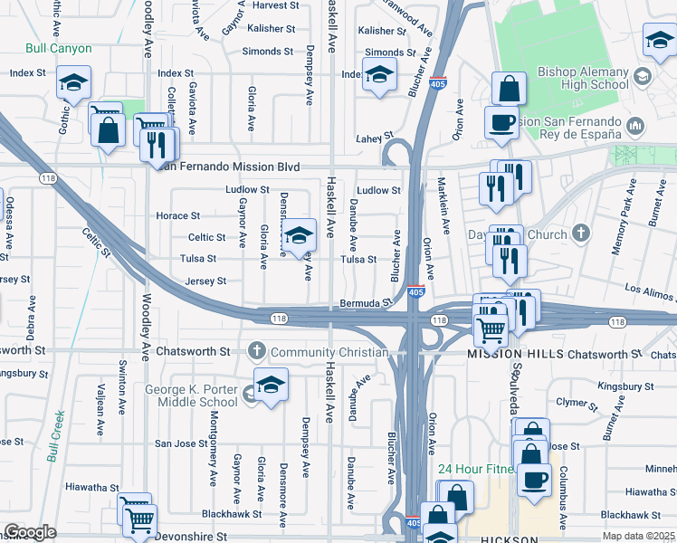 map of restaurants, bars, coffee shops, grocery stores, and more near 10834 Haskell Avenue in Los Angeles