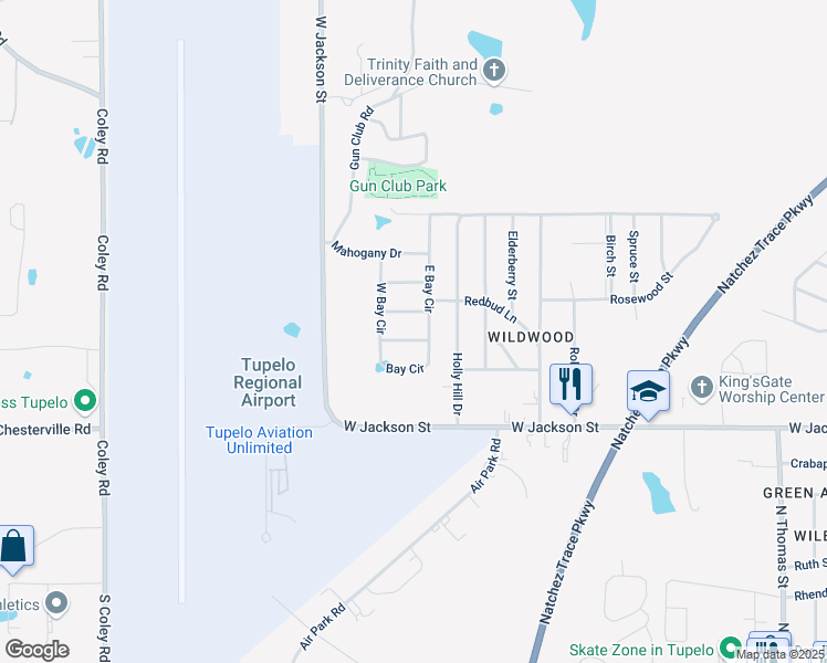 map of restaurants, bars, coffee shops, grocery stores, and more near 2601-2699 Huckleberry Trail in Tupelo