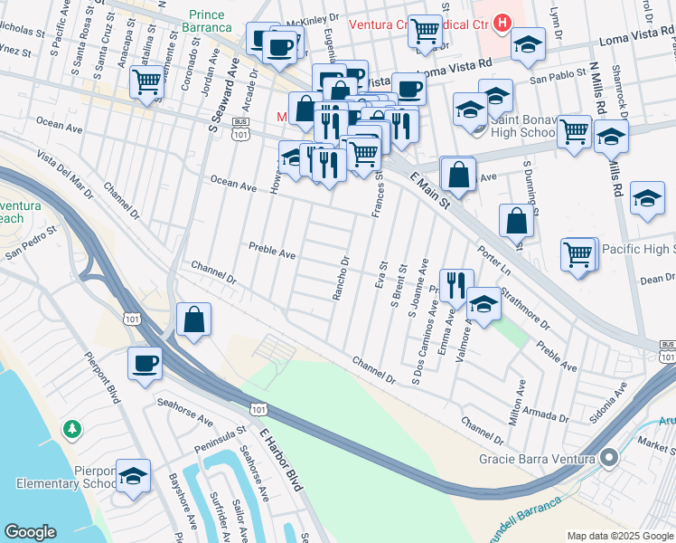 map of restaurants, bars, coffee shops, grocery stores, and more near 425 Rancho Drive in Ventura