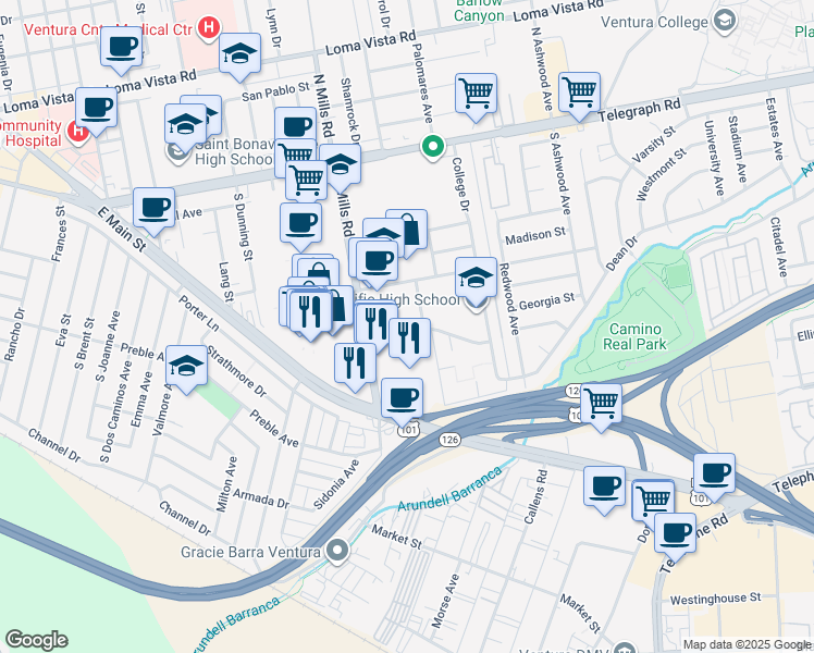 map of restaurants, bars, coffee shops, grocery stores, and more near 472 South Mills Road in Ventura