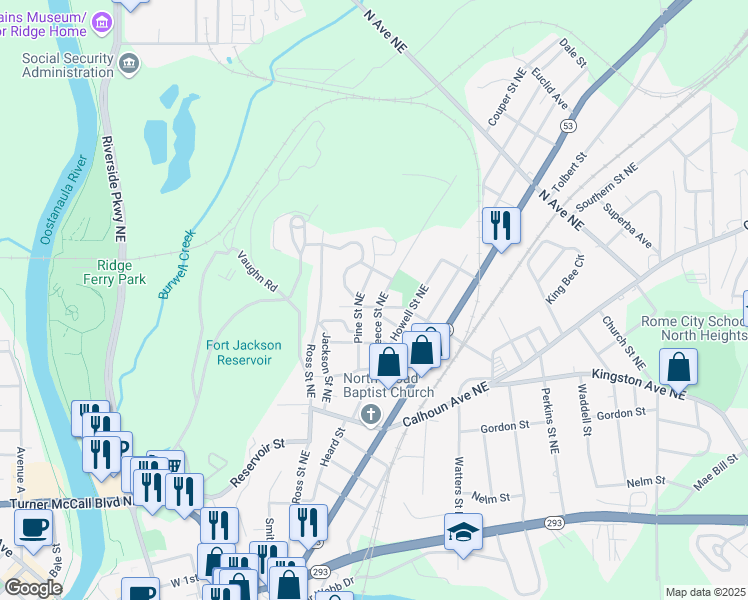map of restaurants, bars, coffee shops, grocery stores, and more near 303 Reece Street Northeast in Rome