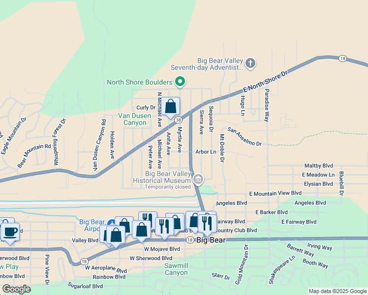 map of restaurants, bars, coffee shops, grocery stores, and more near 1006 Myrtle Avenue in Big Bear