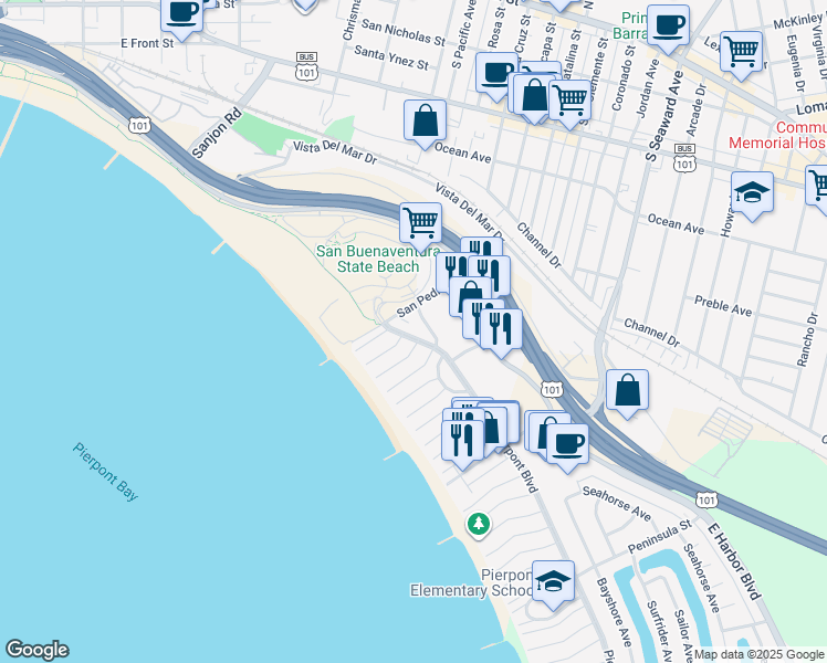 map of restaurants, bars, coffee shops, grocery stores, and more near 2053 Pierpont Boulevard in Ventura