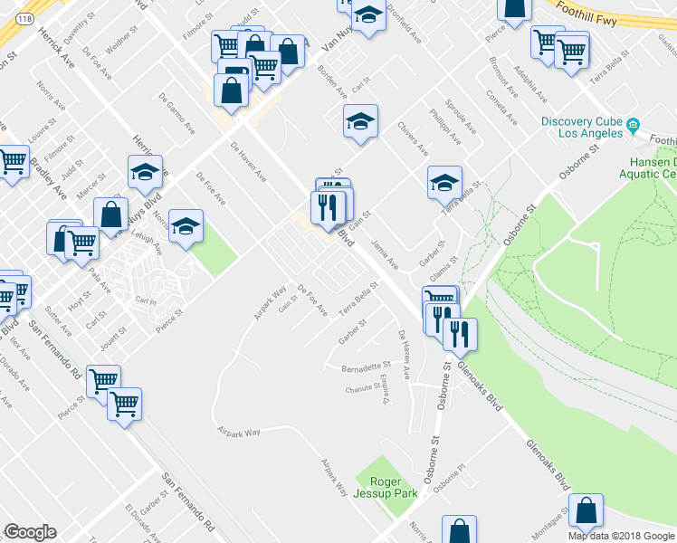 map of restaurants, bars, coffee shops, grocery stores, and more near 10965 Glenoaks Boulevard in Los Angeles