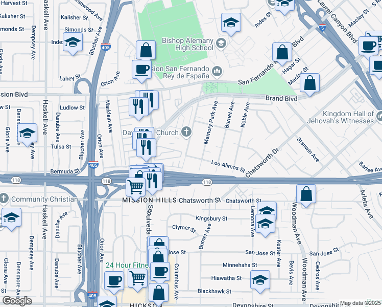 map of restaurants, bars, coffee shops, grocery stores, and more near 10846 Columbus Avenue in Los Angeles
