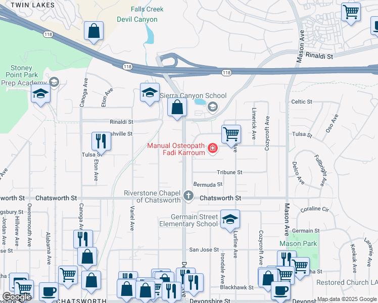 map of restaurants, bars, coffee shops, grocery stores, and more near 10837 Brookfield Road in Los Angeles