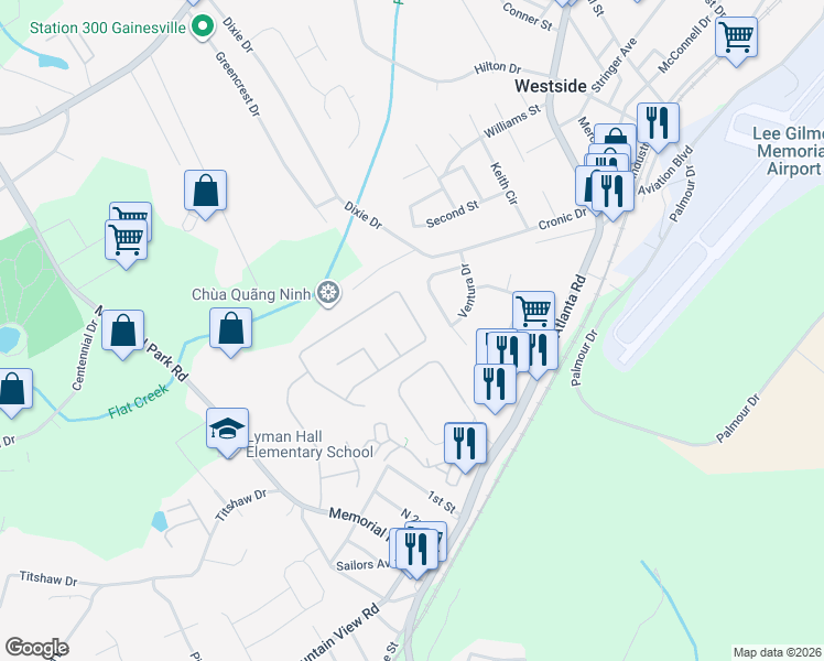 map of restaurants, bars, coffee shops, grocery stores, and more near 2641 Buena Vista Circle in Gainesville